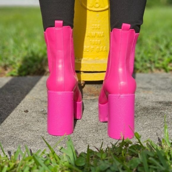 Women's Platform Heel Boots Chunky Ankle Pink Color - Picture 6 of 7